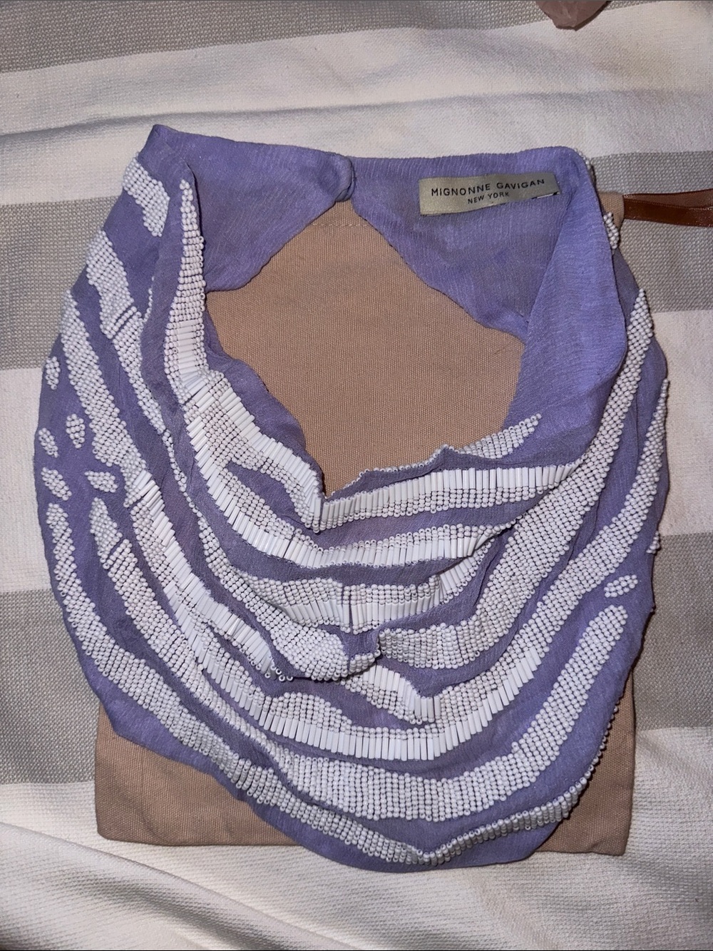Mignonne Gavigan Lavender Silk Chiffon + White Beaded Zebra Striped Scarf Snap